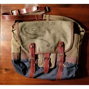 Mona B Army Green Blue Denim Canvas Crossbody Bag